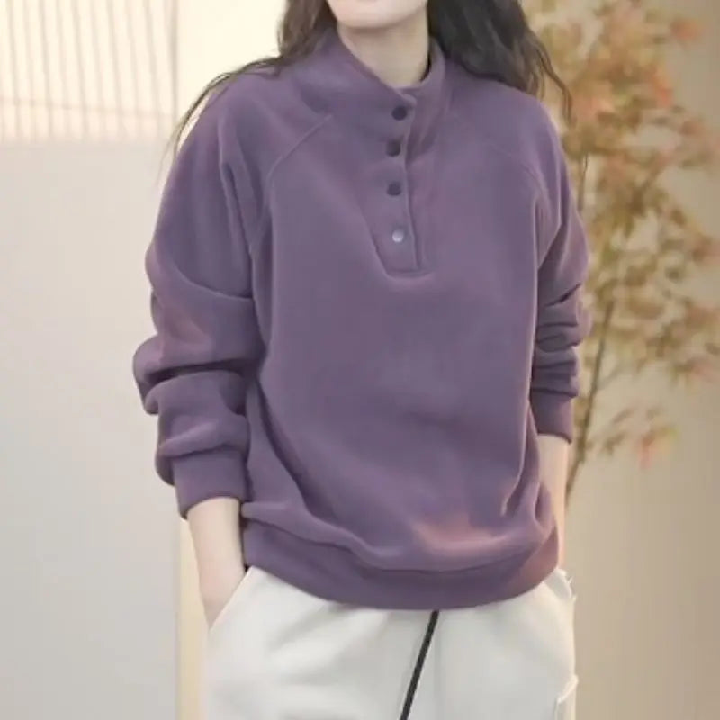 No Hat Hoodies Women Autumn College Basic Solid Casual All-match Stand Collar Button Trendy High Street Korean Style Mujer Cozy