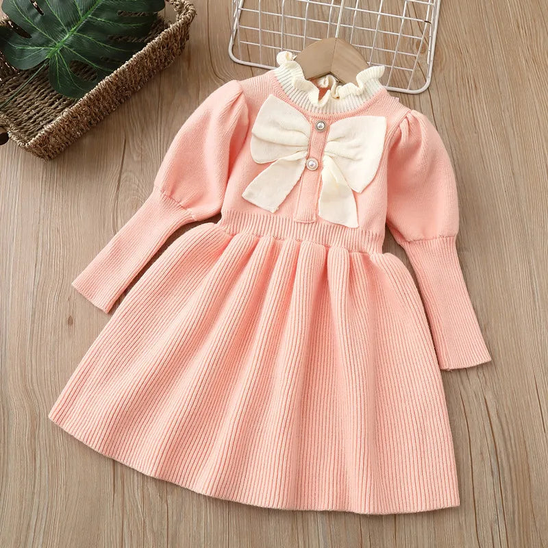 Girls' Woolen Bow Knit Jumpsuit Dress