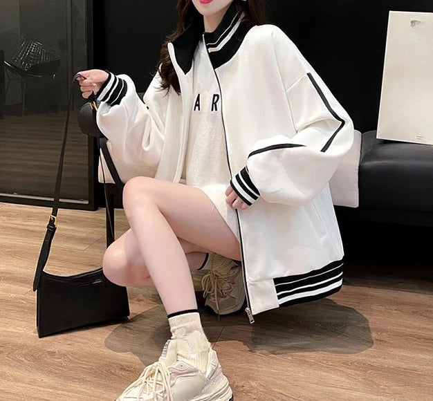Female Clothes Black Sweatshirts for Women Full Zip Up Tops with Zipper Coat Striped Y2k Hoodie 2000s Long Sleeve Style Matching