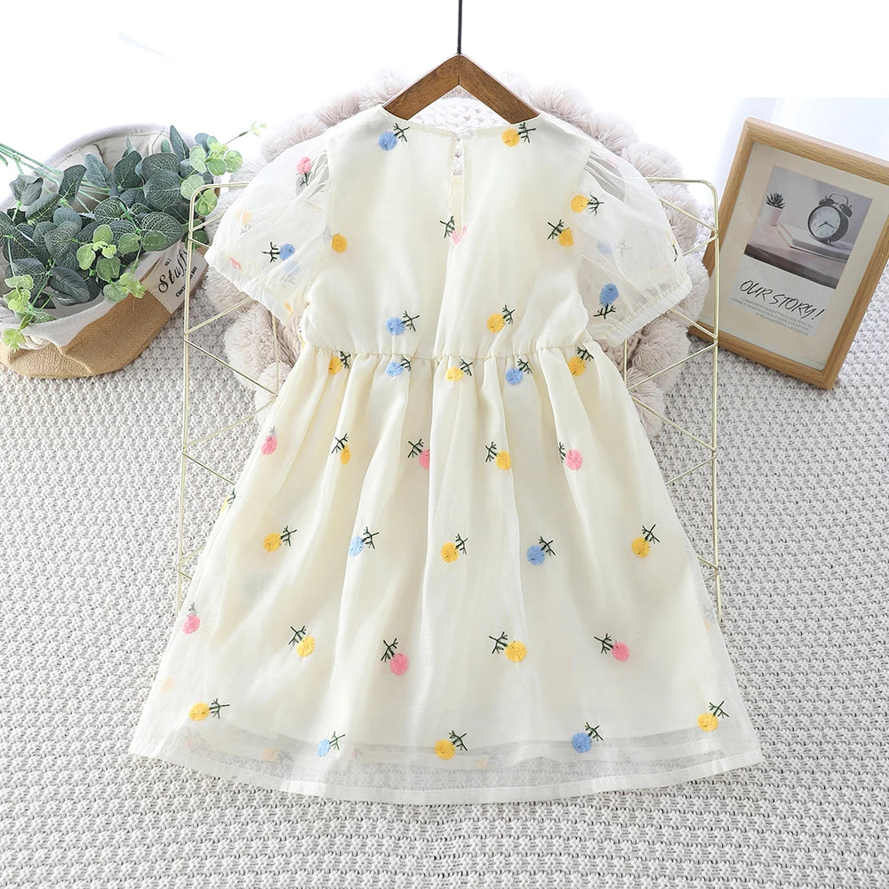 Girls' Flower Embroidery Dress with Bag
