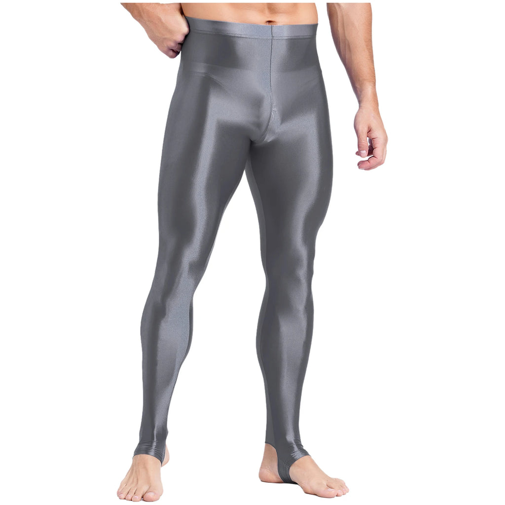 Mens Glossy Sports Pants Stirrup Leggings High Waist Elastic Waist Tights Gym Workout Pants Tummy Control Yoga Fitness Pants