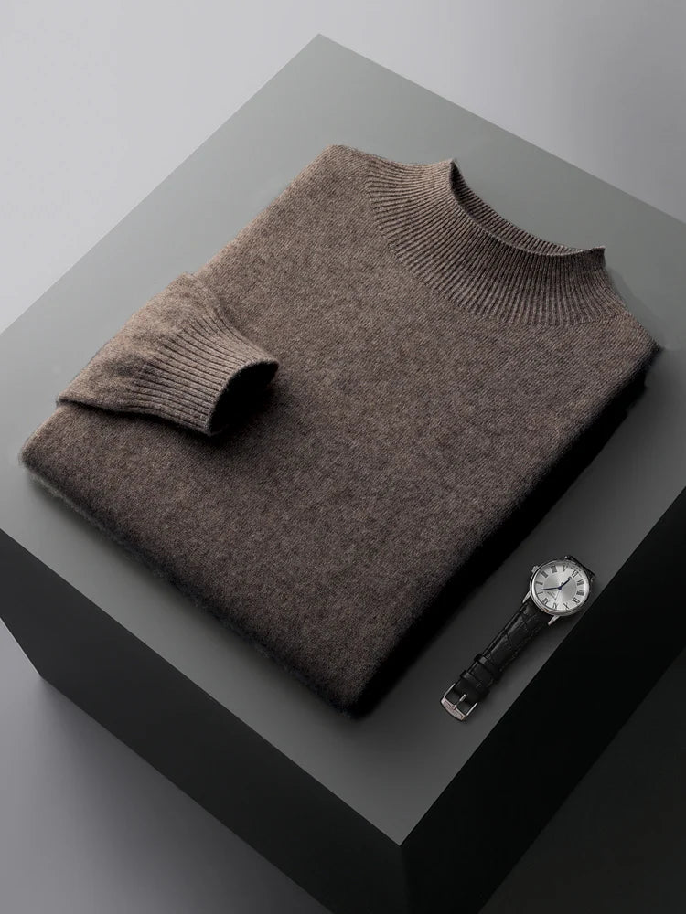 New Men's 100% Merino Wool Mock Neck Pullover Soft Warm Jumpers Quality Cashmere Sweater Casual Smart Knitwear Basic Tops Clothi