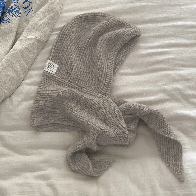 Winter Y2K Wool Knitted Balaclava Hat Fashion Fake Collar Shawl Hooded Hat Outdoor Pullover One-piece Neck Collar Warm Beanies