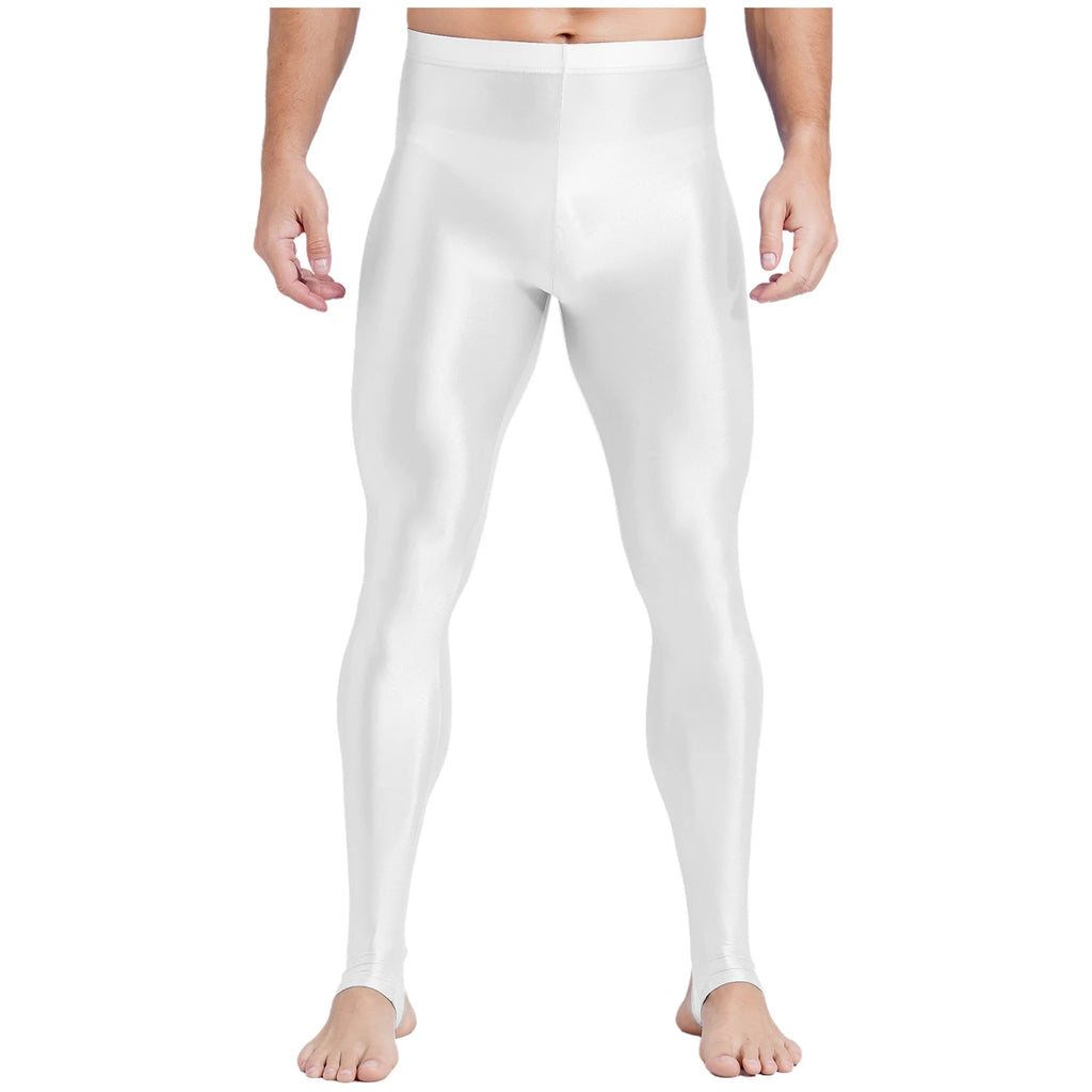 Mens Glossy Sports Pants Stirrup Leggings High Waist Elastic Waist Tights Gym Workout Pants Tummy Control Yoga Fitness Pants