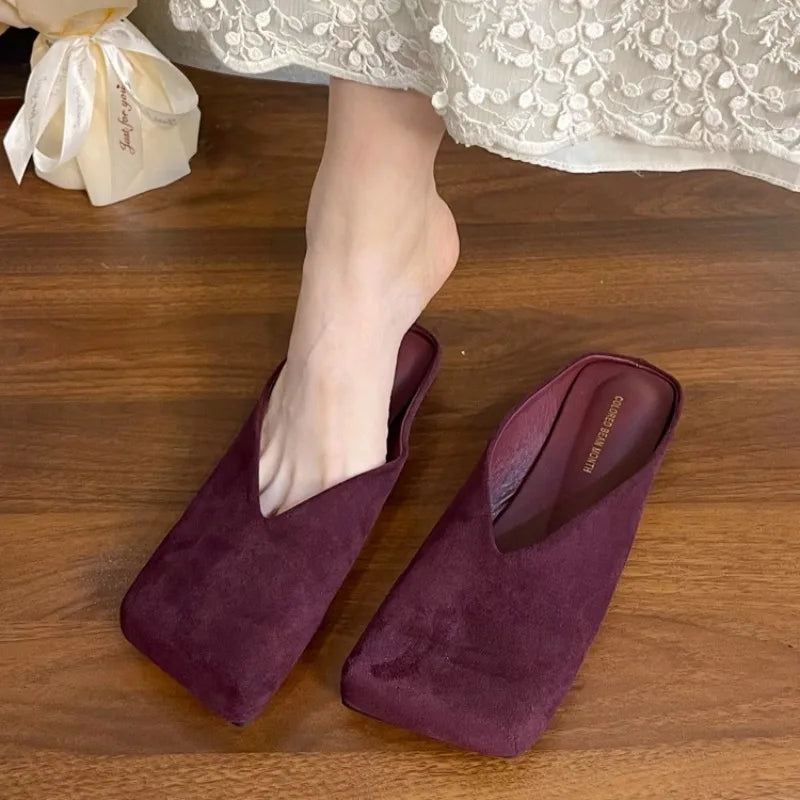 Suede Flats Women Cotton Slippers Square Toe Fashion Mules Shoes Casual Slingback Women's Winter Boots Trend Mujer Zapatos