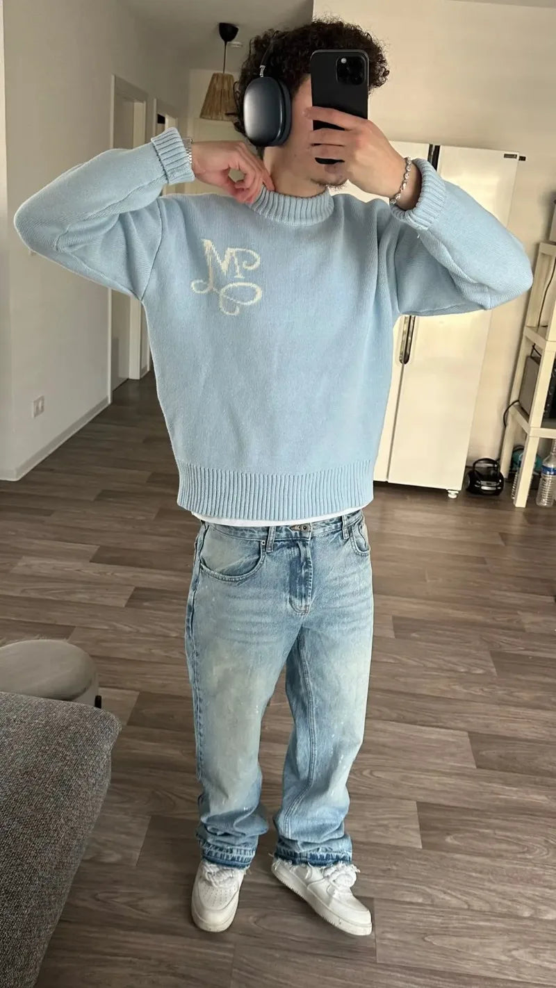 Y2K Retro Long Sleeve Sweater Signature M Logo Pattern Pullover Men New Fashion High Street Casual Streetwear Boxy Knitted Top