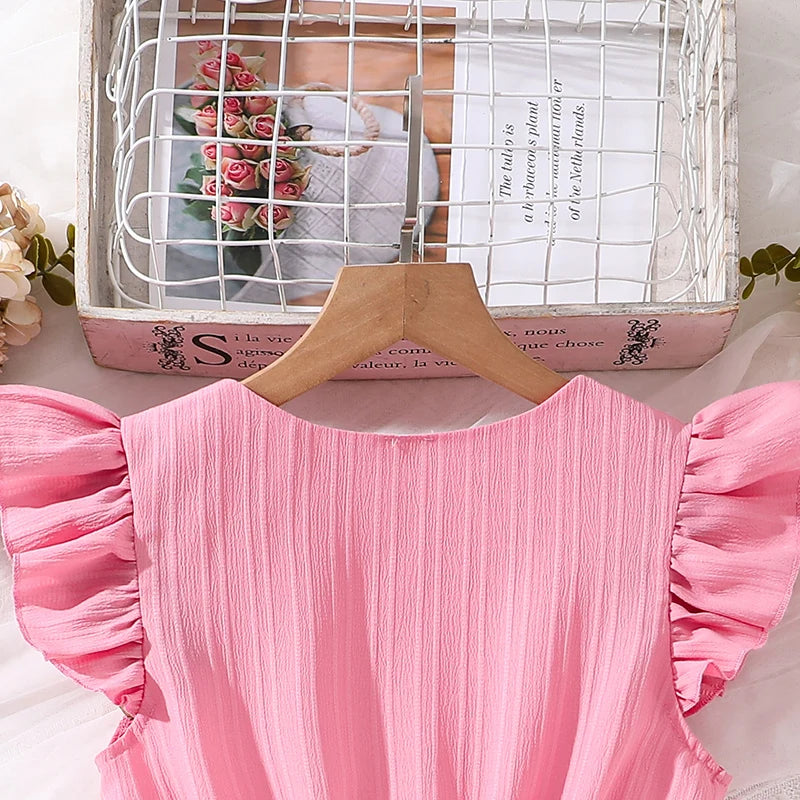 Girls' Pink Flying Sleeve V-Neck Dress (8-12Y)