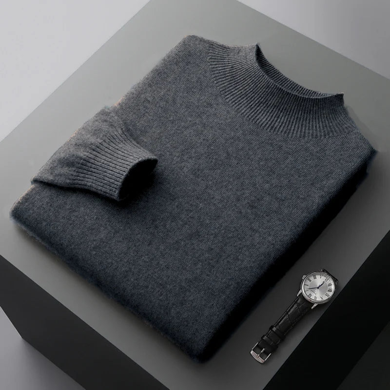 New Men's 100% Merino Wool Mock Neck Pullover Soft Warm Jumpers Quality Cashmere Sweater Casual Smart Knitwear Basic Tops Clothi