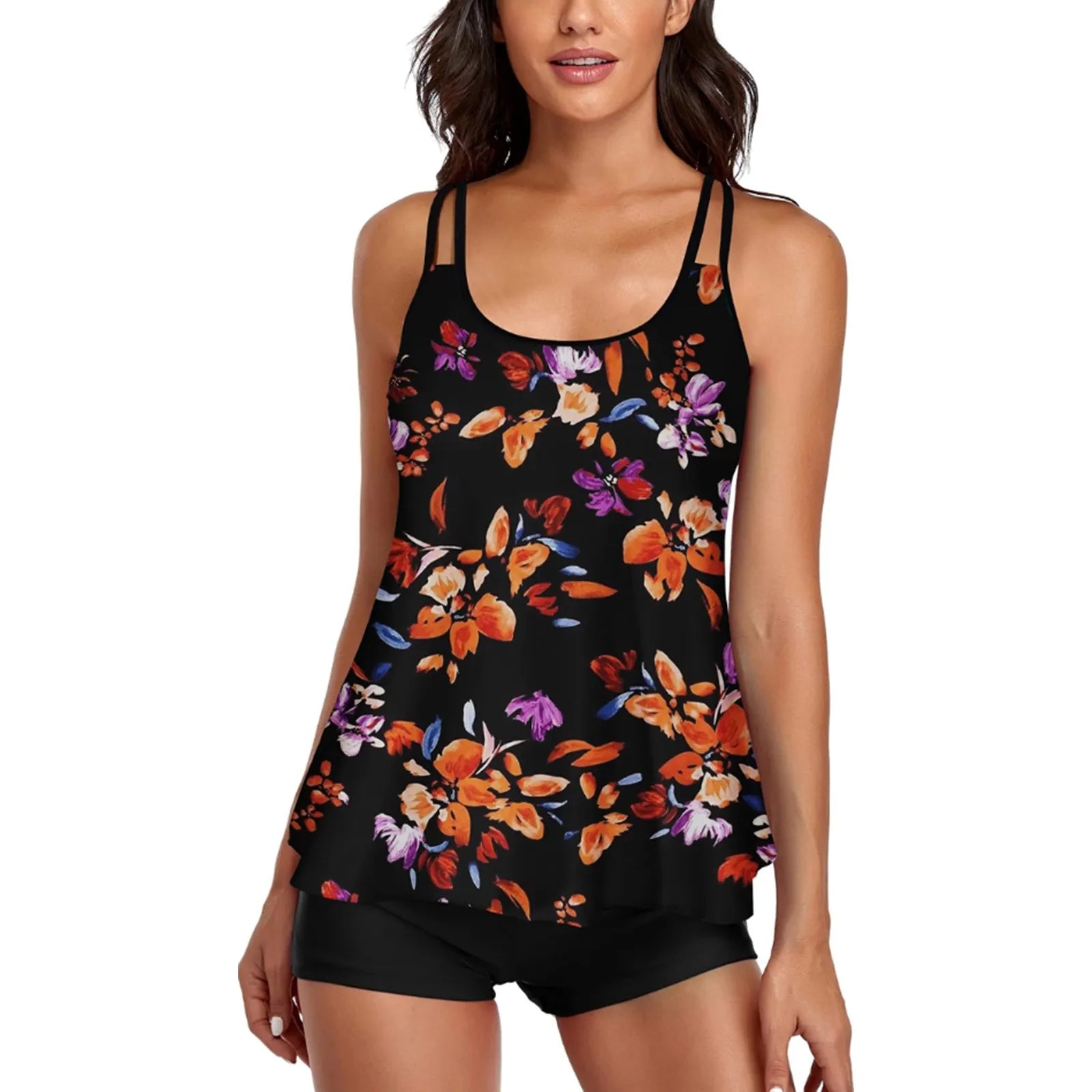 2024 New 2-Piece Swimsuit Women Casual Tropical Print Tankini Set Swimsuit Set Adjustable Suspenders With Elastic Shorts