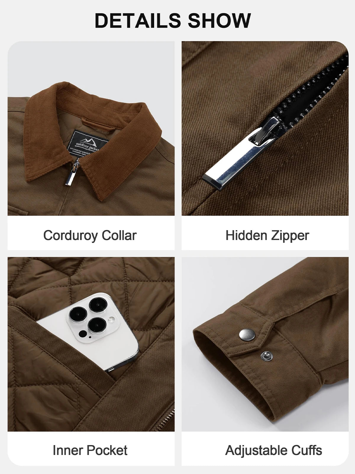 Men's Winter Casual Cotton Jacket Classical Turndown Collar Quilted Cargo Coats Lightweight Full Zip Thermal Outwear Padded Coat