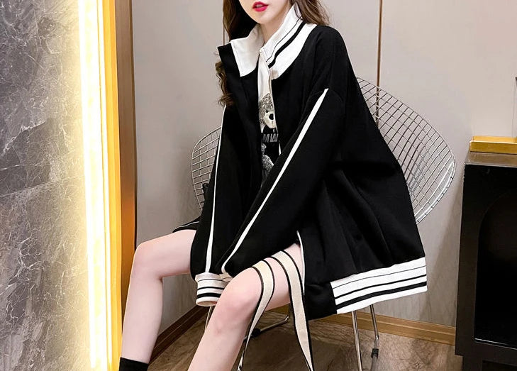 Female Clothes Black Sweatshirts for Women Full Zip Up Tops with Zipper Coat Striped Y2k Hoodie 2000s Long Sleeve Style Matching