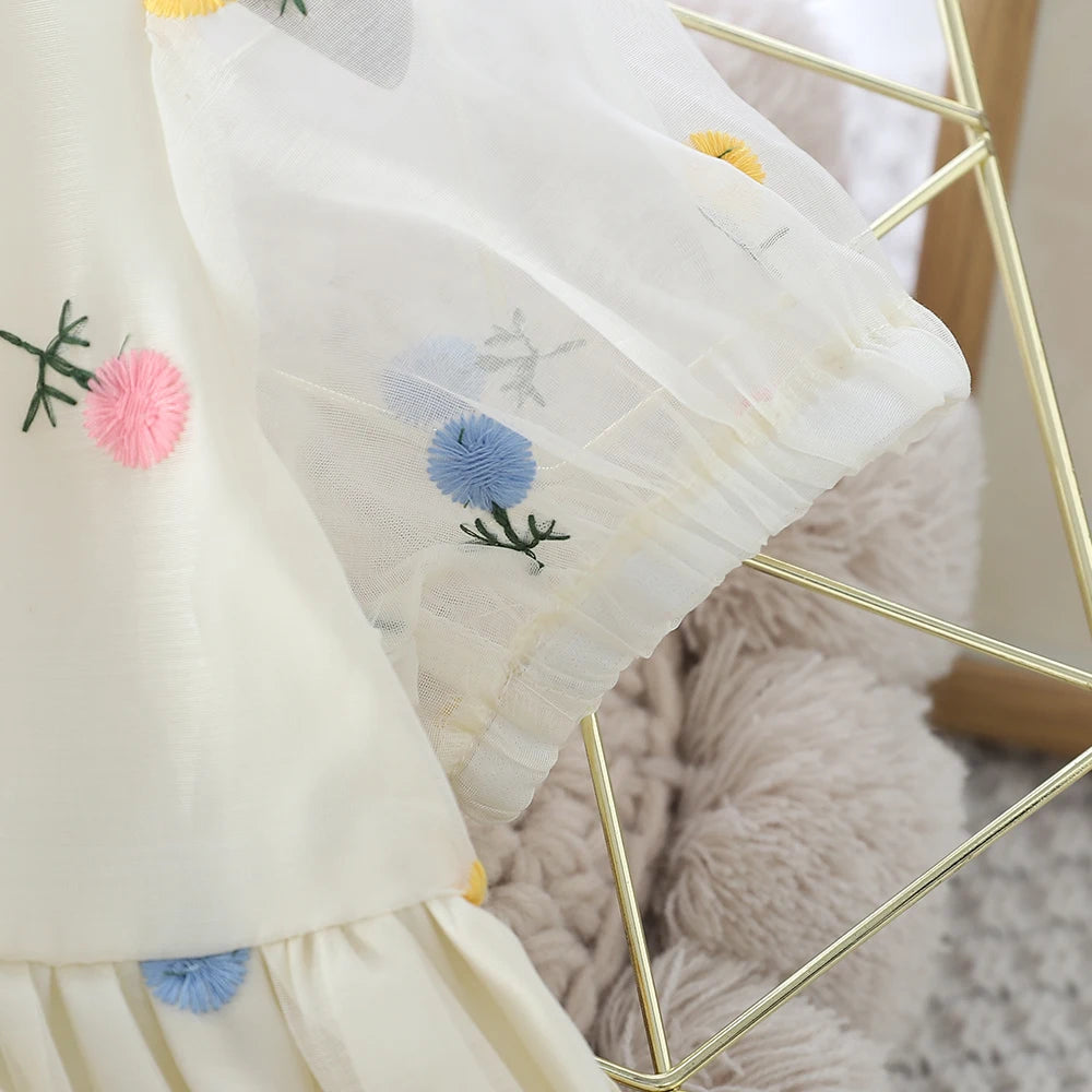 Girls' Flower Embroidery Dress with Bag