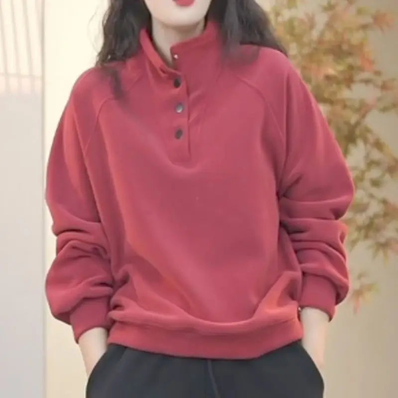 No Hat Hoodies Women Autumn College Basic Solid Casual All-match Stand Collar Button Trendy High Street Korean Style Mujer Cozy