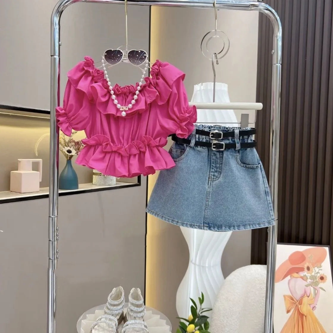 Girls' Ruffle Top & Denim Skirt Set with Belt