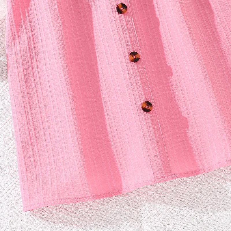 Girls' Pink Flying Sleeve V-Neck Dress (8-12Y)