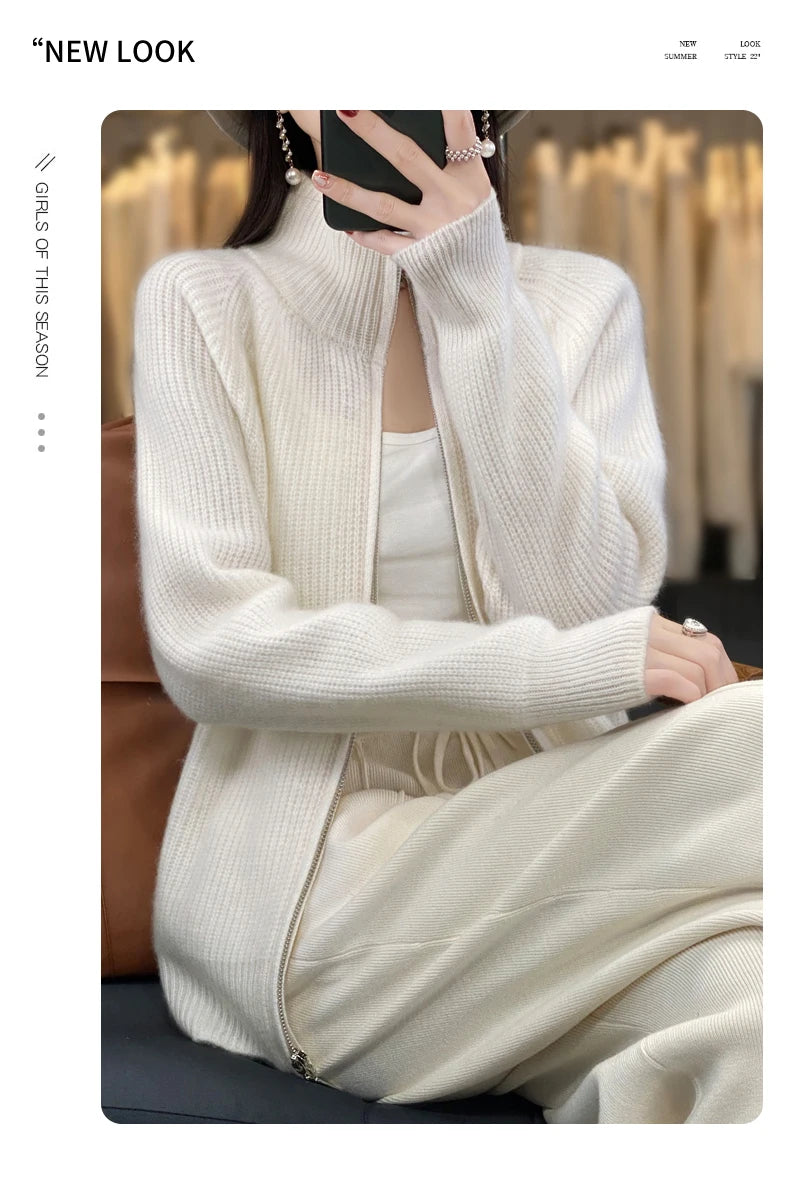 100% Pure Wool Zipper Cardigan Padded Shoulder Stand Collar Women's Cashmere Knitted Coat New Lapel Sweater
