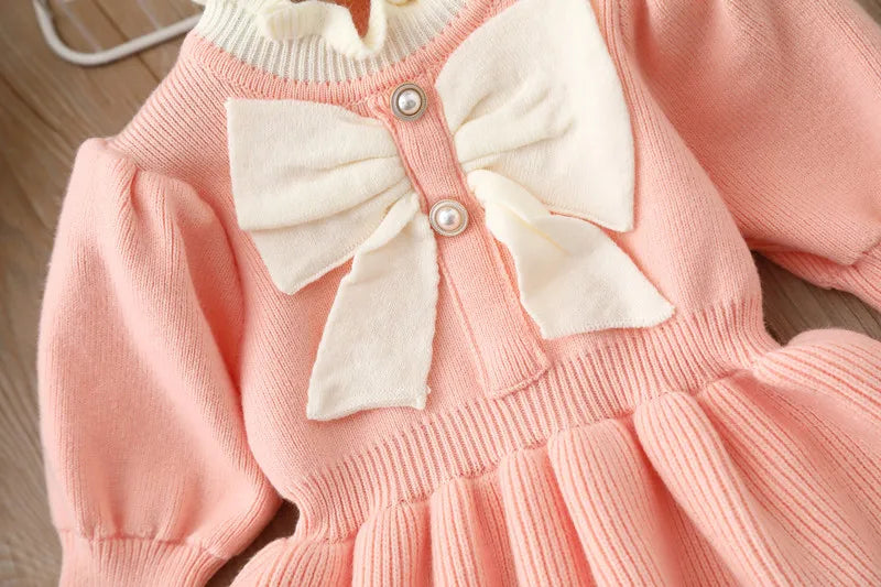 Girls' Woolen Bow Knit Jumpsuit Dress