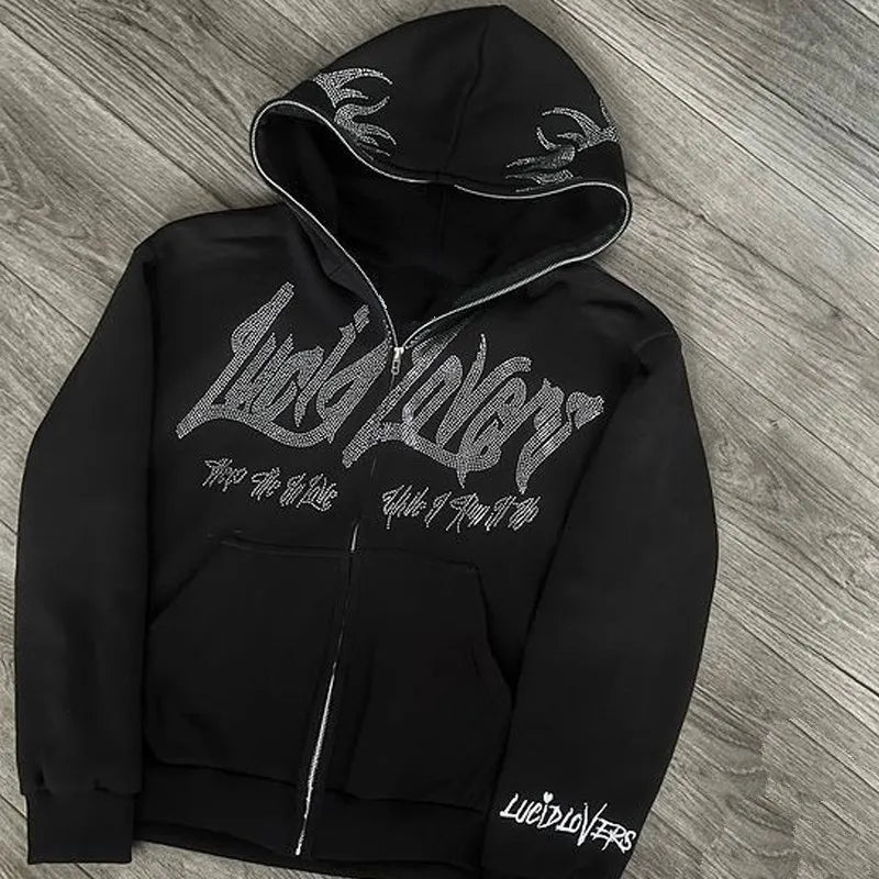 Y2K Jacket Men hoodies emo Zip Hoodie Rhinestone Pattern goth Sweatshirt Sport Coat Pullover Gothic Long Sleeve Oversized hoodie
