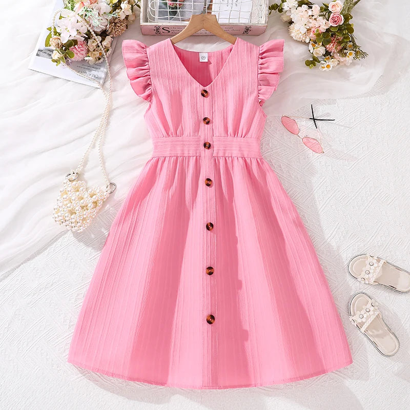 Girls' Pink Flying Sleeve V-Neck Dress (8-12Y)