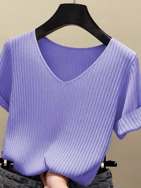 Women's Slim Knit V-Neck Short Sleeve Top
