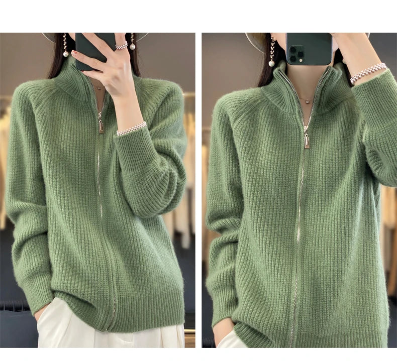100% Pure Wool Zipper Cardigan Padded Shoulder Stand Collar Women's Cashmere Knitted Coat New Lapel Sweater