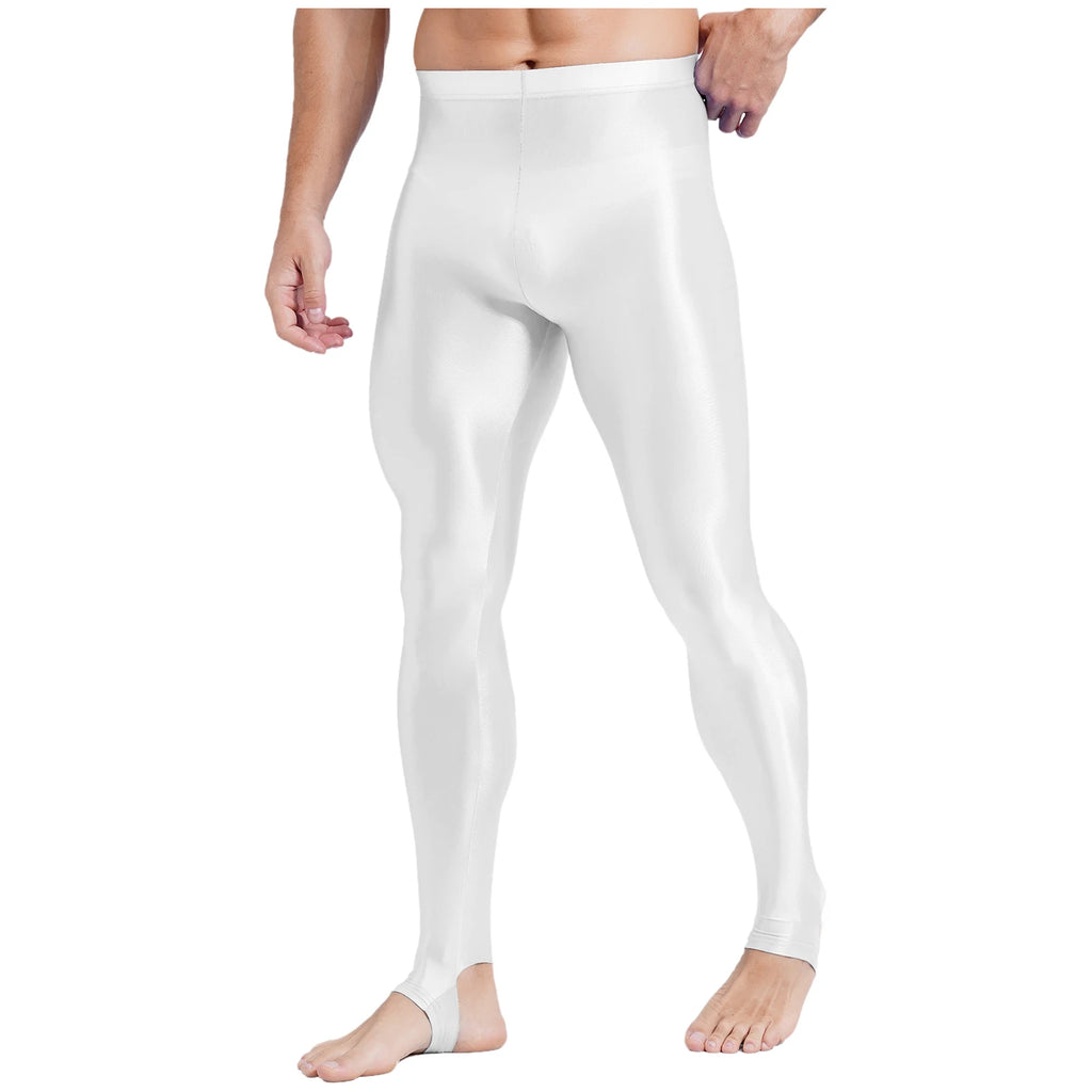 Mens Glossy Sports Pants Stirrup Leggings High Waist Elastic Waist Tights Gym Workout Pants Tummy Control Yoga Fitness Pants