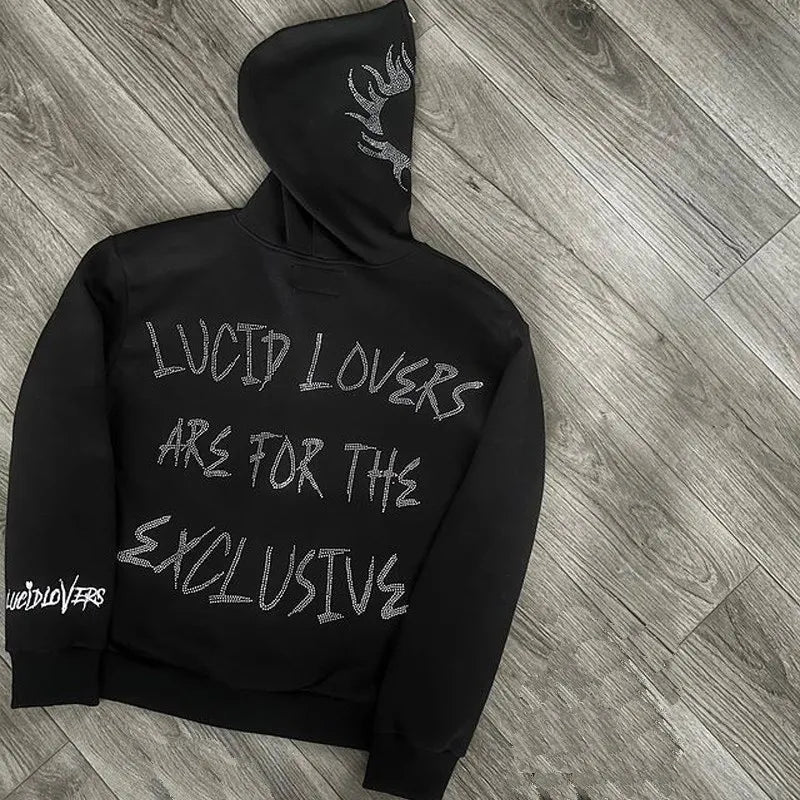 Y2K Jacket Men hoodies emo Zip Hoodie Rhinestone Pattern goth Sweatshirt Sport Coat Pullover Gothic Long Sleeve Oversized hoodie