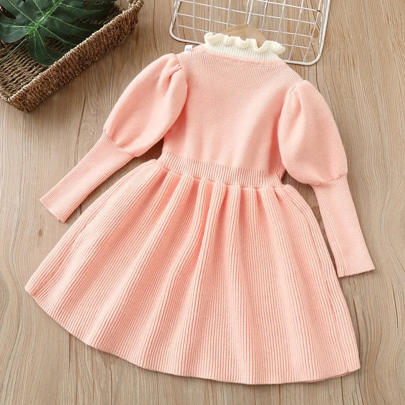 Girls' Woolen Bow Knit Jumpsuit Dress