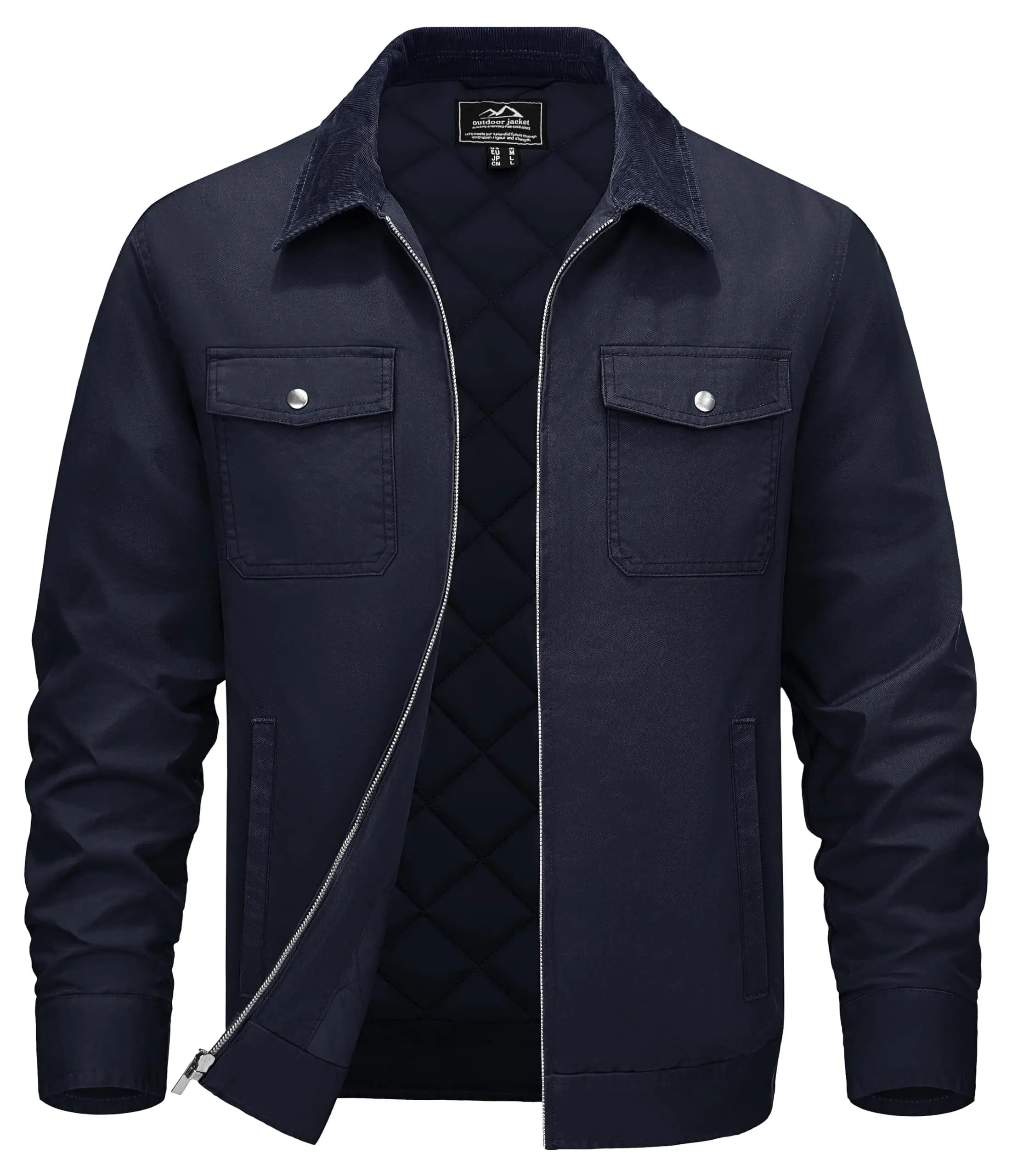 Men's Winter Casual Cotton Jacket Classical Turndown Collar Quilted Cargo Coats Lightweight Full Zip Thermal Outwear Padded Coat