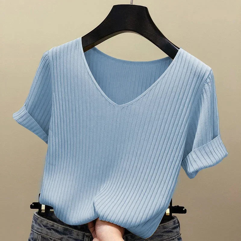 Women's Slim Knit V-Neck Short Sleeve Top