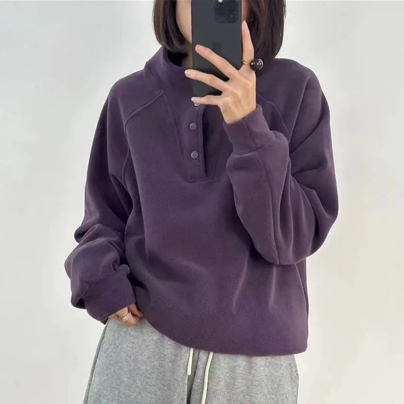 No Hat Hoodies Women Autumn College Basic Solid Casual All-match Stand Collar Button Trendy High Street Korean Style Mujer Cozy