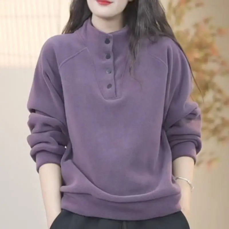No Hat Hoodies Women Autumn College Basic Solid Casual All-match Stand Collar Button Trendy High Street Korean Style Mujer Cozy