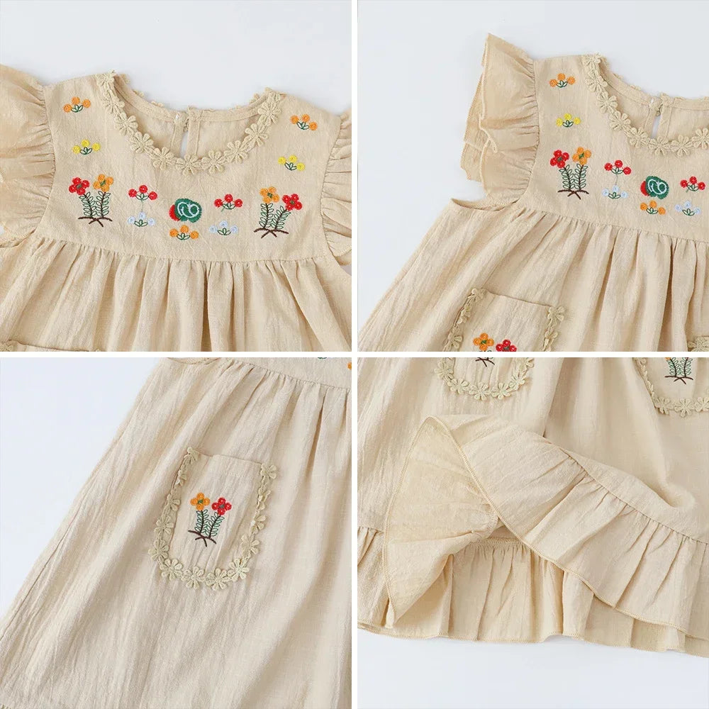 Girls' Khaki Embroidered Ruffle Pocket Dress