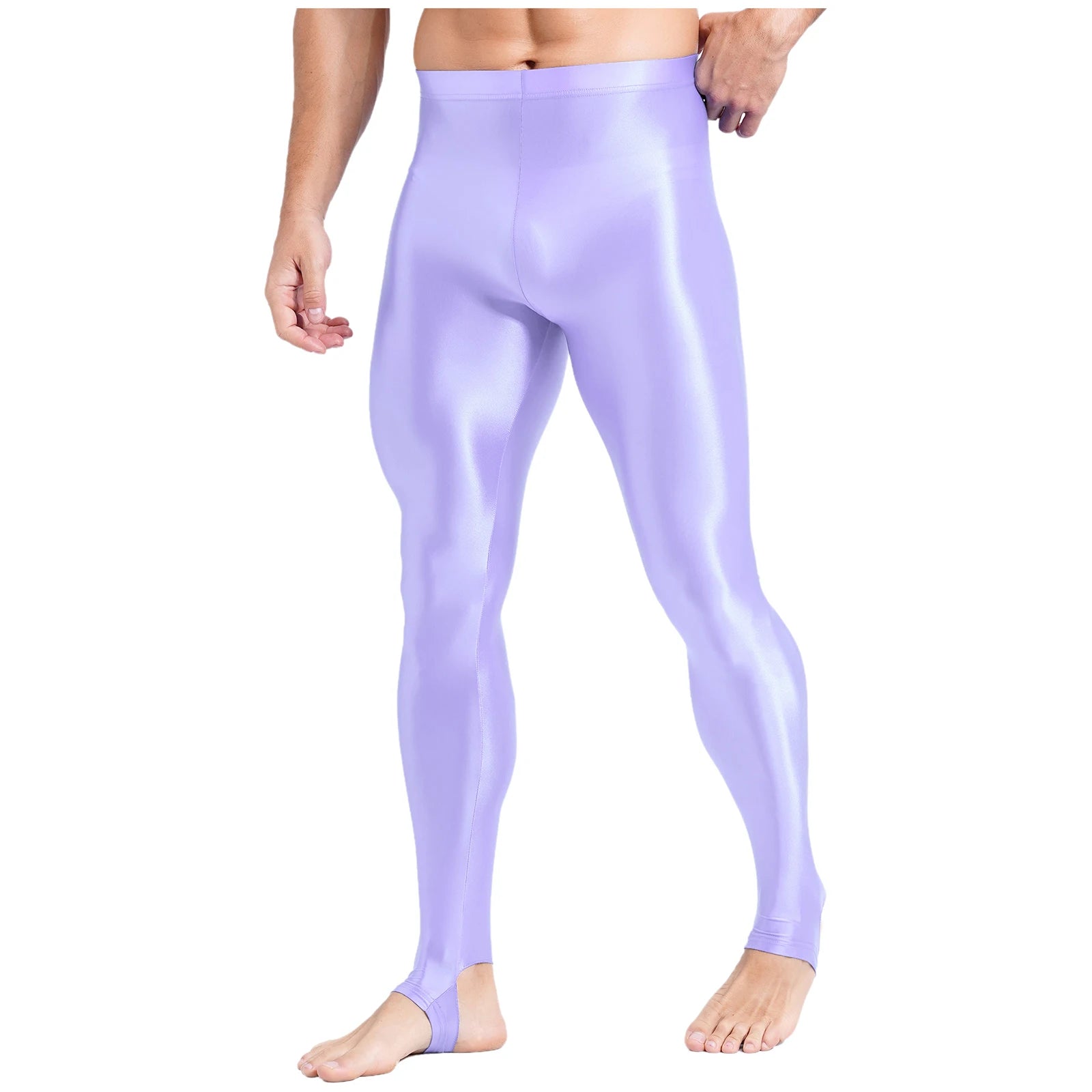 Mens Glossy Sports Pants Stirrup Leggings High Waist Elastic Waist Tights Gym Workout Pants Tummy Control Yoga Fitness Pants