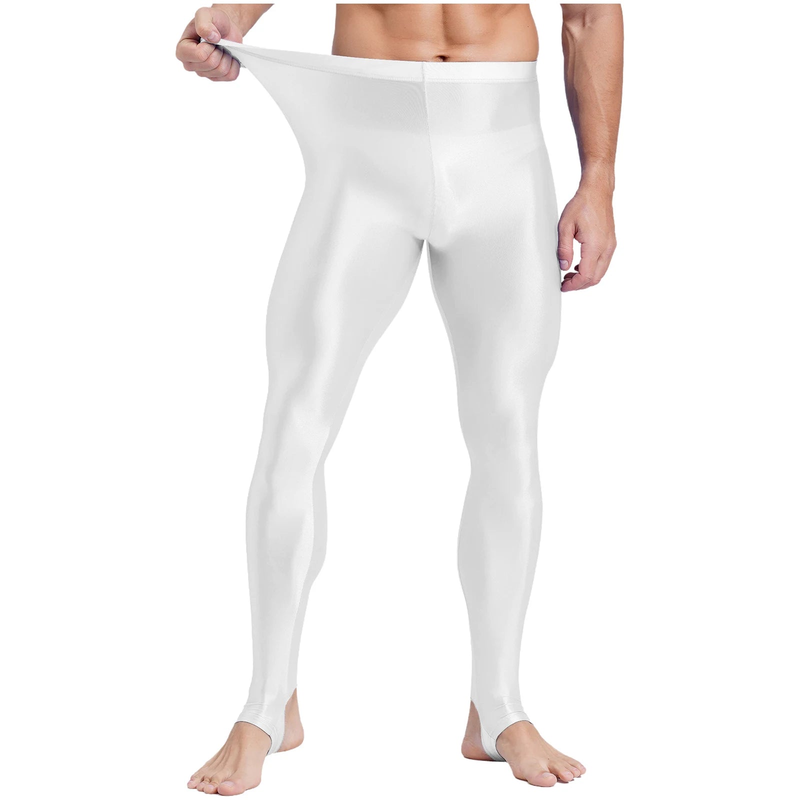 Mens Glossy Sports Pants Stirrup Leggings High Waist Elastic Waist Tights Gym Workout Pants Tummy Control Yoga Fitness Pants