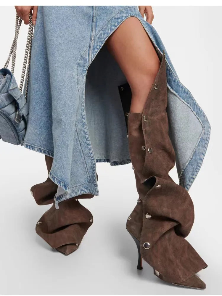 High Heel Long Boots for Women Botte Winter Boots Shoes Botas Mujer Thin Heeled Pointed Denim Metal Button Shoe Zapatos De Mujer