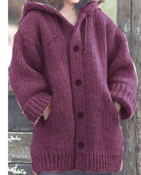 Chic Solid Hooded Sweater Coat – Soft Casual Cardigan with Pockets