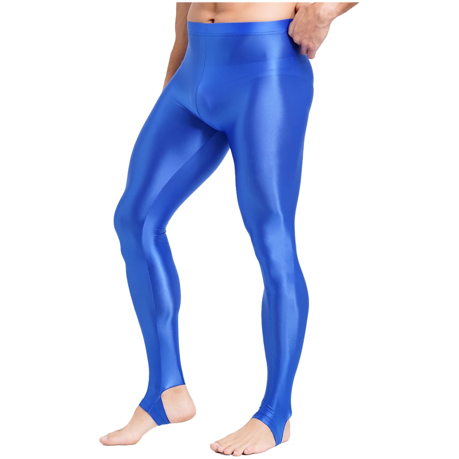 Mens Glossy Sports Pants Stirrup Leggings High Waist Elastic Waist Tights Gym Workout Pants Tummy Control Yoga Fitness Pants