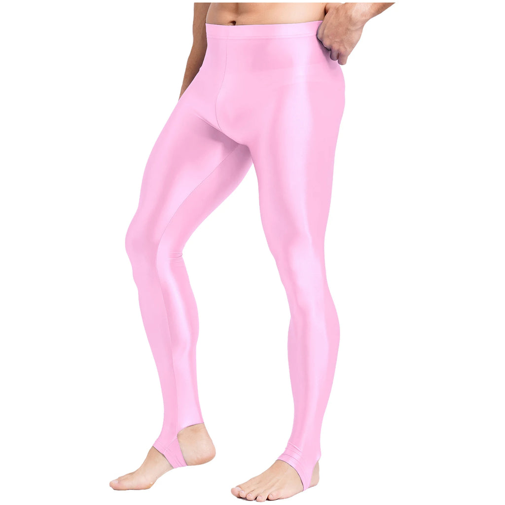 Mens Glossy Sports Pants Stirrup Leggings High Waist Elastic Waist Tights Gym Workout Pants Tummy Control Yoga Fitness Pants