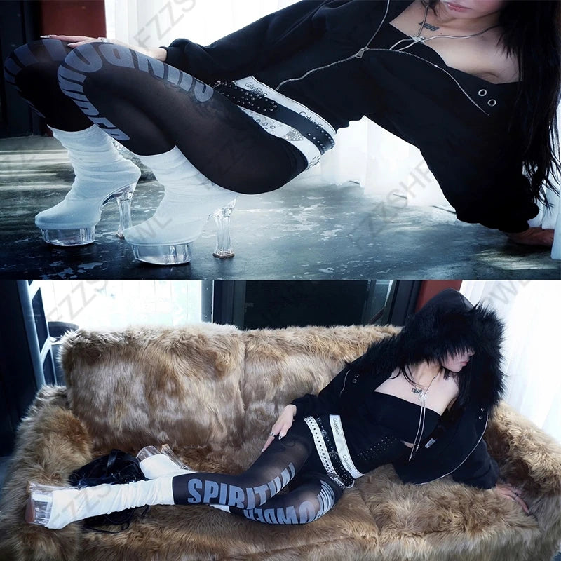 Y2K Aesthetic Women's Autumn Winter Fur Collar Sweatshirt Harajuku Gothic Punk Rock Hottie Sweatshirt Jacket Emo Girl Streetwear