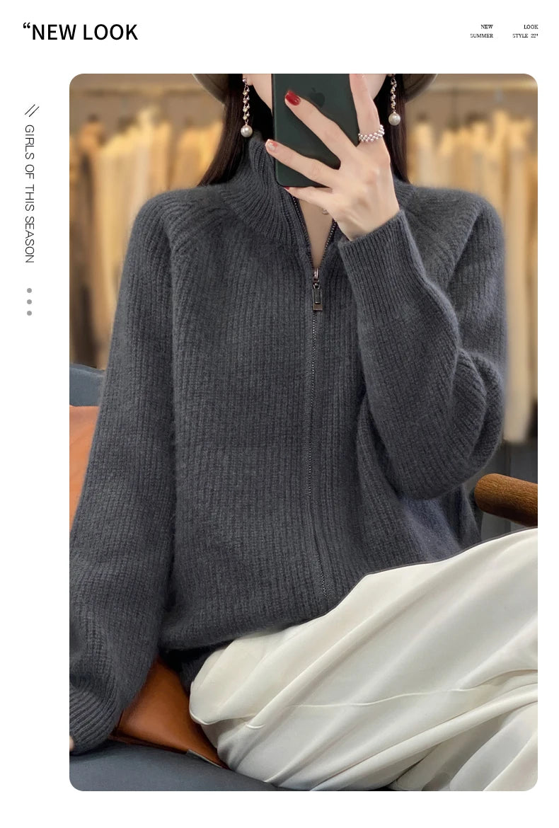 100% Pure Wool Zipper Cardigan Padded Shoulder Stand Collar Women's Cashmere Knitted Coat New Lapel Sweater