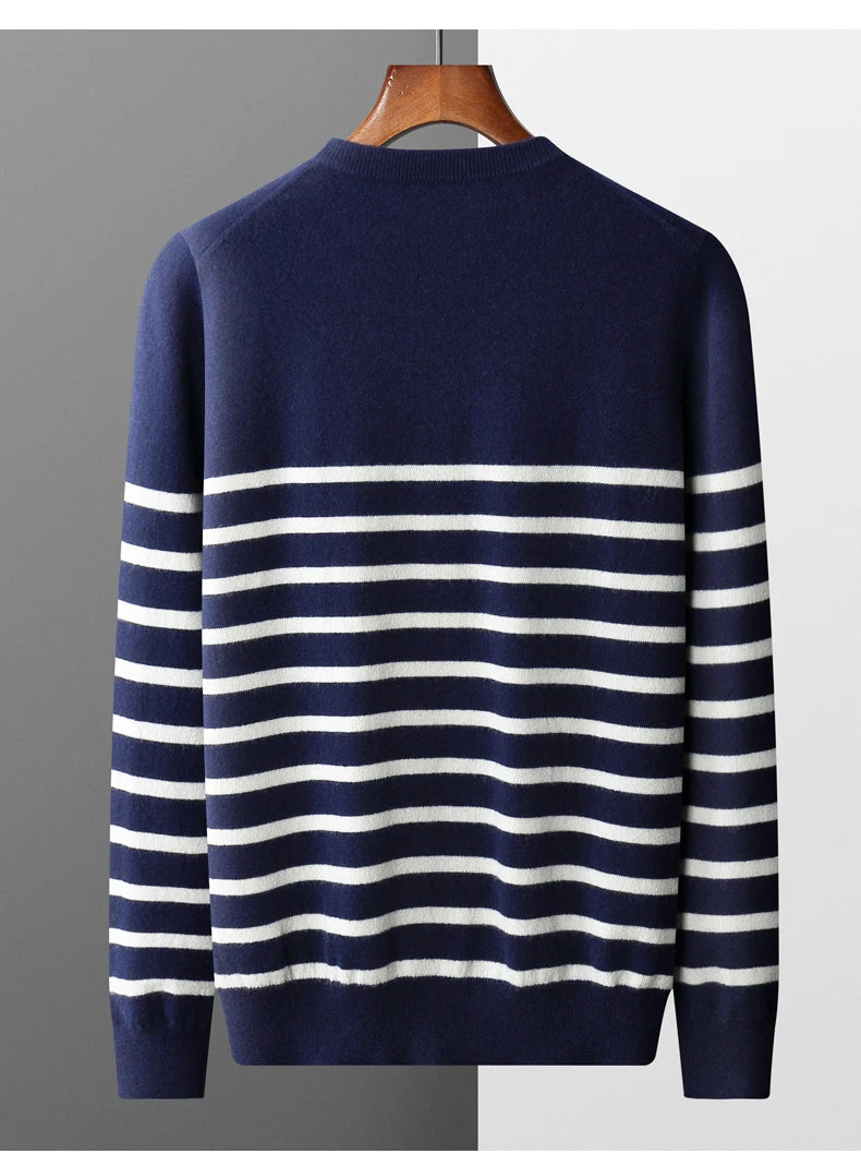 Men's New 100% Pure Wool Sweater O-neck Navy Style Striped Top Spring and Autumn Loose Youth Business Casual Cashmere Sweater