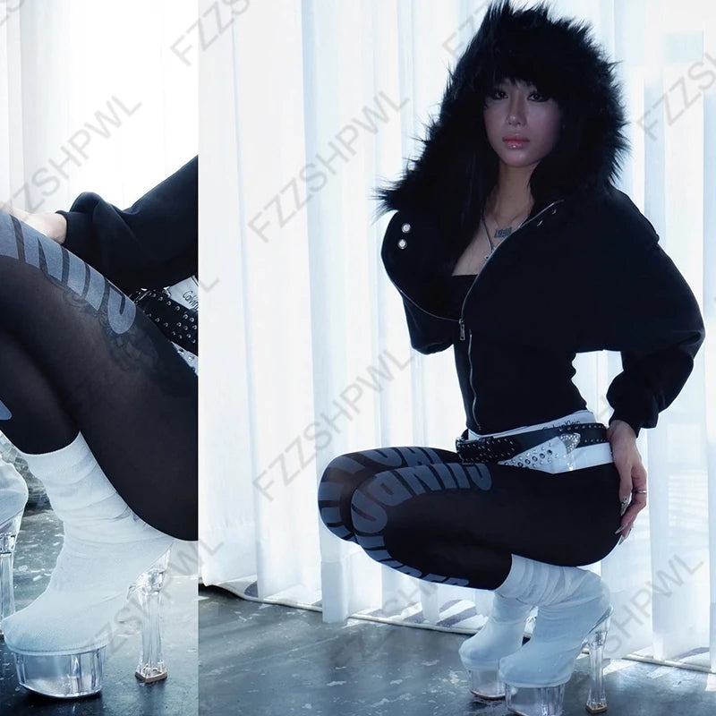 Y2K Aesthetic Women's Autumn Winter Fur Collar Sweatshirt Harajuku Gothic Punk Rock Hottie Sweatshirt Jacket Emo Girl Streetwear