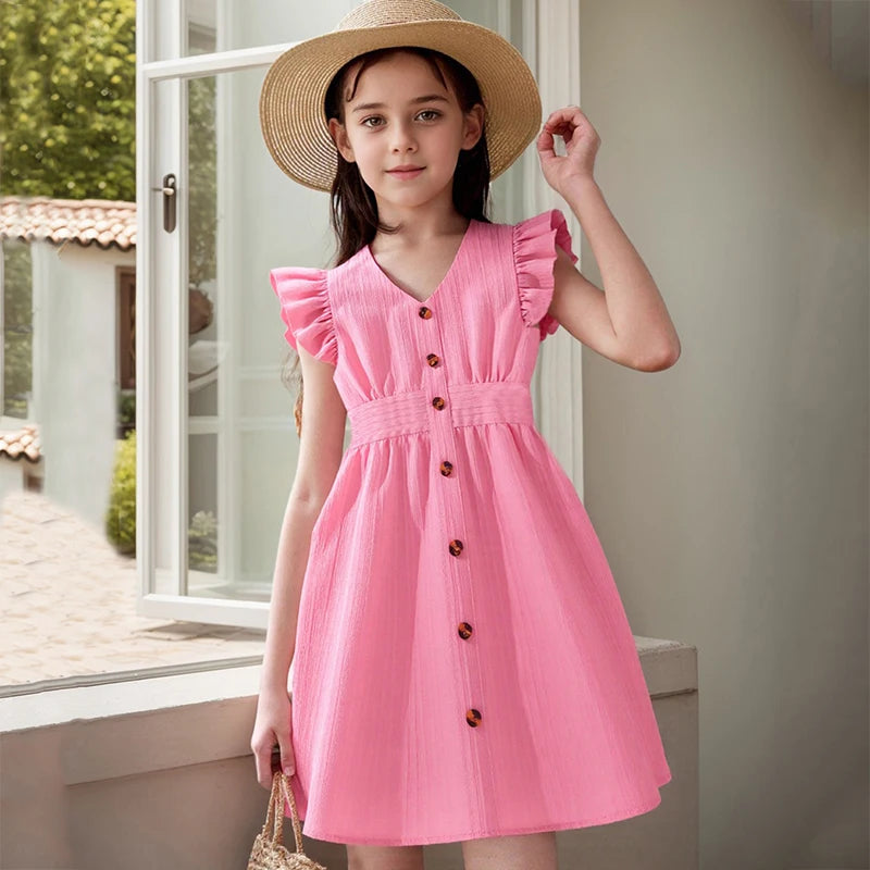 Girls' Pink Flying Sleeve V-Neck Dress (8-12Y)