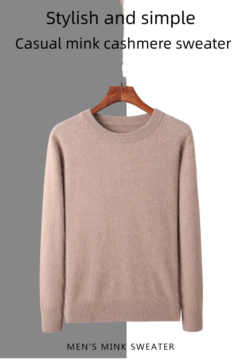 Men's Round Neck 100% Mink Cashmere Sweater Men 2024 Autumn and Winter Large Size Loose Knitted Sweater Keep Warm Top Men Jumper