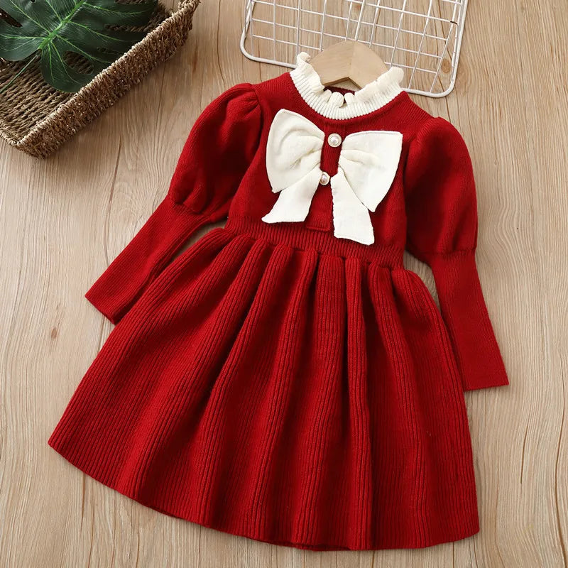 Girls' Woolen Bow Knit Jumpsuit Dress