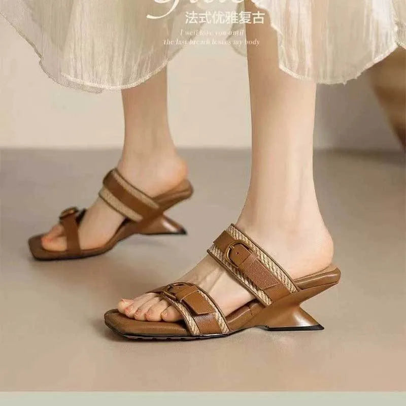 Vintage Braided Belt Buckle Open Toe Wedges Women's Summer New Square-toed High-heeled Slippers