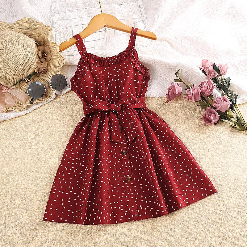 Girls' Red Polka Dot Strap Dress (4-7Y)