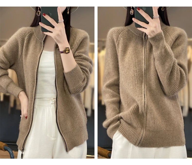 100% Pure Wool Zipper Cardigan Padded Shoulder Stand Collar Women's Cashmere Knitted Coat New Lapel Sweater