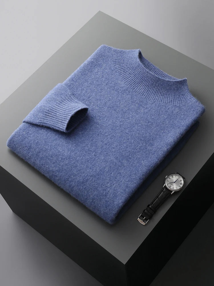 New Men's 100% Merino Wool Mock Neck Pullover Soft Warm Jumpers Quality Cashmere Sweater Casual Smart Knitwear Basic Tops Clothi
